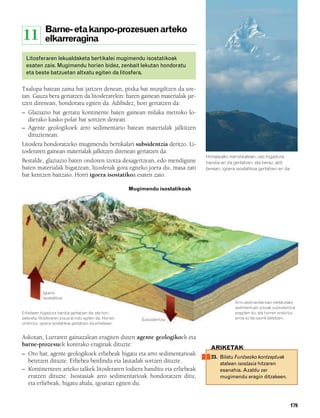 832926 _ 0164-0187.qxd        21/2/08     13:25     Página 179




                     Barne- eta kanpo-prozesuen arteko
        11           elkarreragina

          Litosferaren lekualdaketa bertikalei mugimendu isostatikoak
          esaten zaie. Mugimendu horien bidez, zenbait lekutan hondoratu
          eta beste batzuetan altxatu egiten da litosfera.

        Txalupa batean zama bat jartzen denean, pixka bat murgiltzen da ure-
        tan. Gauza bera gertatzen da litosferarekin: haren gainean materialak jar-
        tzen direnean, hondoratu egiten da. Adibidez, hori gertatzen da:
        – Glaziazio bat gertatu kontinente baten gainean milaka metroko lo-
          dierako kasko polar bat sortzen denean.
        – Agente geologikoek arro sedimentario batean materialak jalkitzen
          dituztenean.
        Litosfera hondoratzeko mugimendu bertikalari subsidentzia deritzo. Li-
        tosferaren gainean materialak jalkitzen direnean gertatzen da.
                                                                                          Himalaiako mendikatean, oso higadura
        Bestalde, glaziazio baten ondoren izotza desagertzean, edo mendigune              handia ari da gertatzen, eta beraz, aldi
        baten materialak higatzean, litosferak gora egiteko joera du, masa zati           berean, igoera isostatikoa gertatzen ari da.
        bat kentzen baitzaio. Horri igoera isostatikoa esaten zaio.

                                                                 Mugimendu isostatikoak




                    Igoera
                    isostatikoa
                                                                                                         Arro sedimentarioan metatutako
                                                                                                         sedimentuen pisuak subsidentzia
        Erliebean higadura handia gertatzen da, eta hori                                                 eragiten du, eta horren ondorioz,
        dela-eta, litosferaren pisua arindu egiten da. Horren        Subsidentzia                        arroa ez da osorik betetzen.
        ondorioz, igoera isostatikoa gertatzen da erliebean.


        Askotan, Lurraren gainazalean eragiten duten agente geologikoek eta
        barne-prozesuek kontrako eraginak dituzte:
                                                                                            ARIKETAK
        – Oro har, agente geologikoek erliebeak higatu eta arro sedimentarioak
                                                                                            23. Bilatu Funtsezko kontzeptuak
          betetzen dituzte. Erliebea berdindu eta lautadak sortzen dituzte.                     atalean isostasia hitzaren
        – Kontinenteen arteko talkek litosferaren lodiera handitu eta erliebeak                 esanahia. Azaldu zer
          eratzen dituzte. Isostasiak arro sedimentarioak hondoratzen ditu,                     mugimendu eragin ditzakeen.
          eta erliebeak, higatu ahala, igoarazi egiten du.


                                                                                                                                       179
 
