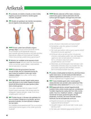 832926 _ 0026-0045.qxd    19/4/08   11:19    Página 42




        Ariketak
        27. ● Landareek, animaliek ez bezala, ez dute inolako      34. ●●● Beheko eskemek anfibio baten zirkulazio-
            digestio-prozesuren beharrik, mantenugaiak                 sistema eta ugaztun batena adierazten dituzte.
            hartzeko. Zergatik?                                        Lehena igel bati dagokio, eta bigarrena, behi bati.
                                                                       Igela                         Behia
        28. ●● Azaldu zer gertatzen den beheko marrazkietan
            eta zer digestio mota adierazten duten.




                                                                       a) Zer zirkulazio mota dute bi animalia horiek?
                                                                       b) Zenbat barrunbe ditu igelaren bihotzak?
        29. ●●● Airean uretan baino 25 aldiz oxigeno                      Eta behiarenak?
            gehiago dago. Energia-premia berberak izanda,              c) Zer hodik garraiatzen dute oxigeno ugariko odola?
            zer animaliaren arnas aparatuak izango du                     Eta karbono dioxido ugarikoa?
            gas-trukerako gainazal handiena, lehorreko animalia
                                                                       d) Anfibioen eta ia narrasti guztien zirkulazioari
            batenak ala uretako animalia batenak? Zergatik
                                                                          zirkulazio osatugabea esaten zaio, eta hegaztien,
            hiltzen dira arrainak uretatik kanpo egonez gero?
                                                                          ugaztunen eta narrasti batzuen zirkulazioari,
        30. ● Adierazi zer motatako arnas aparatua duten                  berriz, zirkulazio osoa. Zure ustez,
            organismo hauek: antxoek, txakurrek, barrengorriek,           zergatik deitzen zaie horrela?
            usoek, armiarmek, igelek, baleek, matxinsaltoek,           e) Deskribatu zer ibilbide egiten duen behiaren odol
            otarrainxkek eta lur-zizareek.                                tanta batek, bihotzeko eskuin-aurikulatik irten eta,
                                                                          gorputzeko organoren bat zeharkatu ondoren,
        31. ●●● Ornodunek gorputzaren barnean                             berriro bihotzera itzultzen den arte.
            dituzte birikak, eta hori abantaila handia da,
            gas-trukea larruazalaren bidez egin behar              35. ● Landare intsektujaleak berdeak dira, eta fotosintesia
            izatearen aldean. Zure ustez, zertan datza                 egiten dute; beraz, ez dute beste animalia batzuen
            abantaila hori?                                            materia organikoaren premiarik. Zertarako harrapatzen
                                                                       dituzte intsektuak eta ornogabe txikiak?
        32. ●● Ugaztunek ez bezala, hegazti askok papoa            36. ●● Truka al daiteke gasik nahiz mantenugairik,
            dute, eta hartan ez da inolako digestiorik egiten.         odola arterietan edo zainetan zehar dabilenean? Eta
            Usoek eta flamenkoek oso papo garatua izaten               kapilarretan zehar dabilenean? Arrazoitu erantzuna.
            dute umotze-garaian.
                                                                   37. ●● Egagropila deritzo zenbait hegaztik ahotik
            Zure ustez, zertarako balio du organo horrek?
                                                                       botatzen duten pilota moduko egiturari, jandakoaren
            Hegazti askok harea jaten dute landare-jatorriko           hondakin digeriezinez osatua den horri (ilez, lumaz,
            elikagaiekin batera; adibidez, oiloek. Zure iritziz,       azalez, hezurrez, intsektuen oskolez…). Egagropila
            zergatik egiten dute hori?                                 handienak harrapari gautarrek egiten dituzte
                                                                       (esaterako, hontzek), zati handi-handiak irensten
        33. ●● Tubifex harrak ur zikinetan edo geldietan bizi
                                                                       baitituzte, bai eta harrapakinak osorik ere.
            dira normalean. Oxigenoa urria denean, gai dira
            gorputza luzatzeko, ohi baino 20 aldiz luzeagoa            a) Digestio-prozesuko zer etapa burutzen da
            ere izan dadin.                                               egagropilak kanporatzean?
            Zer motatako arnas aparatua dute? Zer onura lortzen        b) Zergatik botatzen ote dituzte ileak, lumak, azala
            dute tubifex harrek oxigeno urriko uretan gorputza            eta hezurrak?
            luzatuta?                                                  c) Zer datu jakin daitezke egagropilak aztertuz?



        42
 