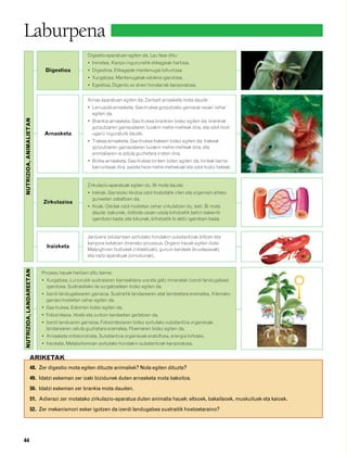 832926 _ 0026-0045.qxd                       21/2/08     13:20    Página 44




        Laburpena
                                                        Digestio-aparatuan egiten da. Lau fase ditu:
                                                        • Irenstea. Kanpo-ingurunetik elikagaiak hartzea.
                                   Digestioa            • Digestioa. Elikagaiak mantenugai bihurtzea.
                                                        • Xurgatzea. Mantenugaiak odolera igarotzea.
                                                        • Egestioa. Digeritu ez diren hondarrak kanporatzea.


                                                        Arnas aparatuan egiten da. Zenbait arnasketa mota daude:
                                                        • Larruazal-arnasketa. Gas-trukea gorputzeko gainazal osoan zehar
                                                          egiten da.
         NUTRIZIOA, ANIMALIETAN




                                                        • Brankia-arnasketa. Gas-trukea brankien bidez egiten da; brankiak
                                                          gorputzaren gainazalaren luzakin mehe-meheak dira, eta odol-hodi
                                   Arnasketa              ugariz inguratuta daude.
                                                        • Trakea-arnasketa. Gas-trukea trakeen bidez egiten da; trakeak
                                                          gorputzaren gainazalaren luzakin mehe-meheak dira, eta
                                                          animaliaren ia zelula guztietara iristen dira.
                                                        • Birika-arnasketa. Gas-trukea biriken bidez egiten da; birikak barne-
                                                          barrunbeak dira, pareta heze mehe-mehekoak eta odol-hodiz beteak.


                                                        Zirkulazio-aparatuak egiten du. Bi mota daude:
                                                        • Irekiak. Garraioko likidoa odol-hodietatik irten eta organoen arteko
                                                          guneetan zabaltzen da.
                                  Zirkulazioa
                                                        • Itxiak. Odolak odol-hodietan zehar zirkulatzen du, beti. Bi mota
                                                          daude: bakunak, ibilbide osoan odola bihotzetik behin bakarrik
                                                          igarotzen bada; eta bikunak, bihotzetik bi aldiz igarotzen bada.


                                                        Jarduera zelularrean sortutako hondakin-substantziak biltzen eta
                                                        kanpora botatzen direneko prozesua. Organo hauek egiten dute:
                                    Iraizketa
                                                        Malpighiren hodixkek (intsektuak), guruin berdeek (krustazeoak)
                                                        eta iraitz-aparatuak (ornodunak).
         NUTRIZIOA, LANDAREETAN




                                  Prozesu hauek hartzen ditu barne:
                                  • Xurgatzea. Lurzorutik sustraiaren barnealdera ura eta gatz mineralak (izerdi landugabea)
                                    igarotzea. Sustraietako ile xurgatzaileen bidez egiten da.
                                  • Izerdi landugabearen garraioa. Sustraitik landarearen atal berdeetara eramatea. Xilemako
                                    garraio-hodietan zehar egiten da.
                                  • Gas-trukea. Estomen bidez egiten da.
                                  • Fotosintesia. Hosto eta zurtoin berdeetan gertatzen da.
                                  • Izerdi landuaren garraioa. Fotosintesiaren bidez sortutako substantzia organikoak
                                    landarearen zelula guztietara eramatea. Floemaren bidez egiten da.
                                  • Arnasketa mitokondriala. Substantzia organikoak erabiltzea, energia lortzeko.
                                  • Iraizketa. Metabolismoan sortutako hondakin-substantziak kanporatzea.


                        ARIKETAK
                         48. Zer digestio mota egiten dituzte animaliek? Nola egiten dituzte?
                         49. Idatzi eskeman zer izaki bizidunek duten arnasketa mota bakoitza.
                         50. Idatzi eskeman zer brankia mota dauden.
                         51. Adierazi zer motatako zirkulazio-aparatua duten animalia hauek: eltxoek, bakailaoek, muskuiluek eta kaioek.
                         52. Zer mekanismori esker igotzen da izerdi landugabea sustraitik hostoetaraino?




        44
 