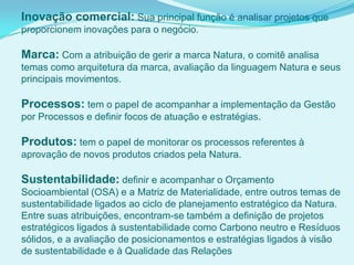 Inovação comercial: Sua principal função é analisar projetos que
proporcionem inovações para o negócio.
Marca: Com a atribuição de gerir a marca Natura, o comitê analisa
temas como arquitetura da marca, avaliação da linguagem Natura e seus
principais movimentos.
Processos: tem o papel de acompanhar a implementação da Gestão
por Processos e definir focos de atuação e estratégias.
Produtos: tem o papel de monitorar os processos referentes à
aprovação de novos produtos criados pela Natura.
Sustentabilidade: definir e acompanhar o Orçamento
Socioambiental (OSA) e a Matriz de Materialidade, entre outros temas de
sustentabilidade ligados ao ciclo de planejamento estratégico da Natura.
Entre suas atribuições, encontram-se também a definição de projetos
estratégicos ligados à sustentabilidade como Carbono neutro e Resíduos
sólidos, e a avaliação de posicionamentos e estratégias ligados à visão
de sustentabilidade e à Qualidade das Relações
 