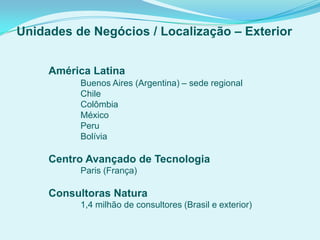 Unidades de Negócios / Localização – Exterior
América Latina
Buenos Aires (Argentina) – sede regional
Chile
Colômbia
México
Peru
Bolívia
Centro Avançado de Tecnologia
Paris (França)
Consultoras Natura
1,4 milhão de consultores (Brasil e exterior)
 