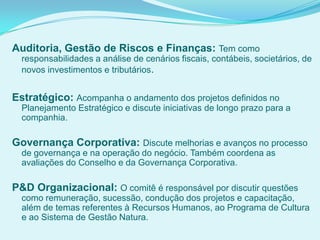 Auditoria, Gestão de Riscos e Finanças: Tem como
responsabilidades a análise de cenários fiscais, contábeis, societários, de
novos investimentos e tributários.
Estratégico: Acompanha o andamento dos projetos definidos no
Planejamento Estratégico e discute iniciativas de longo prazo para a
companhia.
Governança Corporativa: Discute melhorias e avanços no processo
de governança e na operação do negócio. Também coordena as
avaliações do Conselho e da Governança Corporativa.
P&D Organizacional: O comitê é responsável por discutir questões
como remuneração, sucessão, condução dos projetos e capacitação,
além de temas referentes à Recursos Humanos, ao Programa de Cultura
e ao Sistema de Gestão Natura.
 
