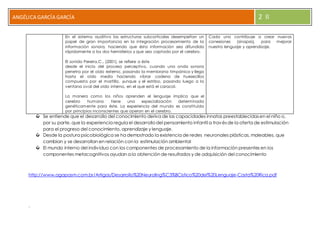 ANGÉLI CA GARCÍA GARCÍA 2 II 
En el sistema auditivo las estructuras subcorticales desempeñan un 
papel de gran importancia en la integración procesamiento de la 
información sonora, haciendo que ésta información sea difundida 
rápidamente a los dos hemisferios y que sea captada por el cerebro. 
El sonido Pereira,C., (2001), se refiere a éste 
desde el inicio del proceso perceptivo, cuando una onda sonora 
penetra por el oído externo, pasando la membrana timpánica y llega 
hasta el oído medio haciendo vibrar cadena de huesecillos 
compuesta por el martillo, yunque y el estribo, pasando luego a la 
ventana oval del oído interno, en el que está el caracol. 
La manera como los niños aprenden el lenguaje implica que el 
cerebro humano tiene una especialización determinada 
genéticamente para éste. La experiencia del mundo es constituida 
por principios inconscientes que operan en el cerebro. 
Cada uno contribuye a crear nuevas 
conexiones (sinapsis), para mejorar 
nuestro lenguaje y aprendizaje. 
Se entiende que el desarrollo del conocimiento deriva de las capacidades innatas preestablecidas en el niño o, 
por su parte, que la experiencia regula el desarrollo del pensamiento infantil a través de la oferta de estimulación 
para el progreso del conocimiento, aprendizaje y lenguaje. 
Desde la postura psicobiológica se ha demostrado la existencia de redes neuronales plásticas, maleables, que 
cambian y se desarrollan en relación con la estimulación ambiental 
El mundo interno del individuo con los componentes de procesamiento de la información presentes en los 
componentes metacognitivos ayudan a la obtención de resultados y de adquisición del conocimiento 
http://www.agapasm.com.br/Artigos/Desarrollo%20Neuroling%C3%BCistico%20del%20Lenguaje-Costa%20Rica.pdf 
. 
