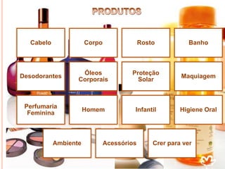ProdutosSF
Cabelo Corpo Rosto Banho
Desodorantes
Óleos
Corporais
Proteção
Solar
Maquiagem
Perfumaria
Feminina
Homem Infantil Higiene Oral
Ambiente Acessórios Crer para ver
 