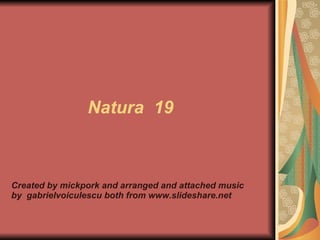 Natura  19 Created by mickpork and arranged and attached music by  gabrielvoiculescu both from www.slideshare.net 