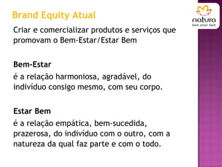 Criar e comercializar produtos e serviços que promovam o Bem-Estar/Estar Bem Bem-Estar é a relação harmoniosa, agradável, do indivíduo consigo mesmo, com seu corpo. Estar Bem é a relação empática, bem-sucedida, prazerosa, do indivíduo com o outro, com a natureza da qual faz parte e com o todo. Brand Equity Atual 
