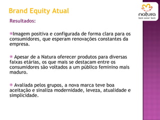 Resultados: Imagem positiva e configurada de forma clara para os consumidores, que esperam renovações constantes da empresa.  Apesar de a Natura oferecer produtos para diversas faixas etárias, os que mais se destacam entre os consumidores são voltados a um público feminino mais maduro.  Avaliada pelos grupos, a nova marca teve boa aceitação e sinaliza modernidade, leveza, atualidade e simplicidade.  Brand Equity Atual 
