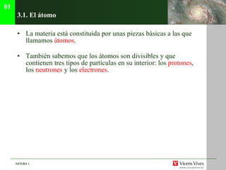 3.1. El  átomo La materia est á constituida por unas piezas básicas a las que llamamos  átomos . Tambi én sabemos que los átomos son divisibles y que contienen tres tipos de partículas en su interior: los  protones , los  neutrones  y los  electrones . 01 