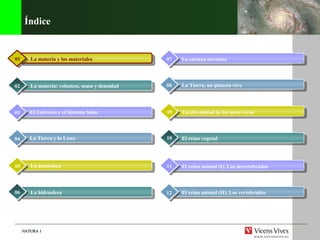Índice El Universo y el Sistema Solar 03 La materia: volumen, masa y densidad 02 La materia y los materiales 01 La corteza terrestre 07 La Tierra, un planeta vivo 08 La diversidad de los seres vivos 09 La Tierra y la Luna 04 La atm ósfera 05 La hidrosfera 06 10 El reino animal (I). Los invertebrados 11 El reino animal (II). Los vertebrados 12 El reino vegetal 