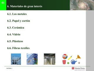6. Materiales de gran inter és 6.1. Los metales 6.2.  Papel y cart ón 6.3. Cer ámica 6.4. Vidrio 6.5. Plásticos 6.6. Fibras textiles 01 