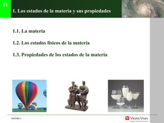 1. Los estados de la materia y sus propiedades  1.1. La materia 1.2.  Los estados f ísicos de la materia 1.3.  Propiedades de los estados de la materia 01 