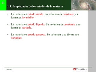 1.3. Propiedades de los estados de la materia  La materia en  estado s ólido . Su volumen es  constante  y su forma es  invariable . La materia en  estado líquido . Su volumen es  constante  y su forma es  variable . La materia en  estado gaseoso . So volumen y su forma son  variables . 01 
