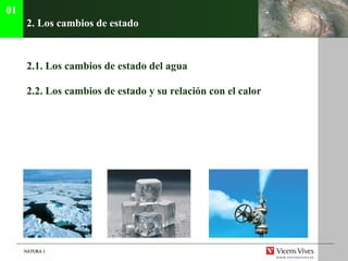 2. Los cambios de estado  2.1. Los cambios de estado del agua 2.2. Los cambios de estado y su relaci ón con el calor 01 
