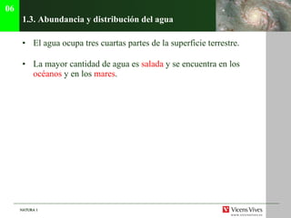 1.3. Abundancia y distribuci ón del agua   El agua ocupa tres cuartas partes de la superficie terrestre . La mayor cantidad de agua es  salada  y se encuentra en los  oc éanos  y en los  mares . 06 