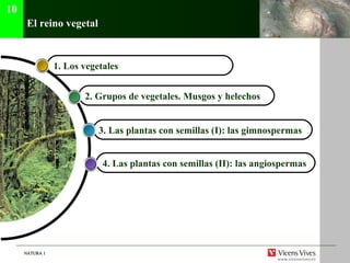 El reino vegetal 4. Las plantas con semillas (II): las angiospermas   3. Las plantas con semillas (I): las gimnospermas  2. Grupos de vegetales. Musgos y helechos  1. Los vegetales  10 