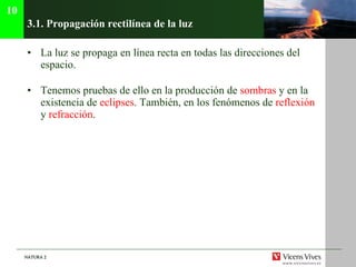 3.1.  Propagación rectilínea de la luz La luz se propaga en línea recta en todas las direcciones del espacio. Tenemos pruebas de ello en la producción de  sombras  y en la existencia de  eclipses . También, en los fenómenos de  reflexión  y  refracción . 10 