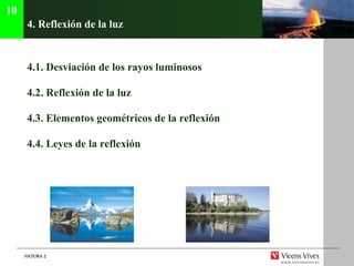 4. Reflexi ón de la luz 4.1.  Desviación de los rayos luminosos 4.2. Reflexión de la luz 4.3. Elementos geométricos de la reflexión 4.4. Leyes de la reflexión 10 