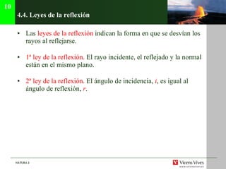4.4.  Leyes de la reflexión Las  leyes de la reflexión  indican la forma en que se desvían los rayos al reflejarse. 1ª ley de la reflexión.  El rayo incidente, el reflejado y la normal están en el mismo plano. 2ª ley de la reflexión.  El ángulo de incidencia,  i , es igual al ángulo de reflexión,  r . 10 