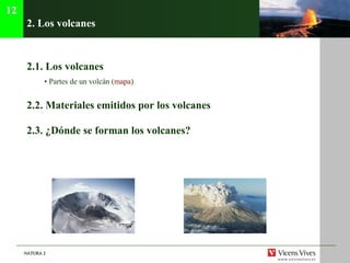 2.  Los volcanes 2.1.  Los volcanes •  Partes de un volcán ( mapa ) 2.2.  Materiales emitidos por los volcanes 2.3. ¿Dónde se forman los volcanes? 12 