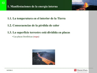 1.  Manifestaciones de la energ ía interna 1.1.  La temperatura en el interior de la Tierra 1.2. Consecuencias de la pérdida de calor 1.3. La superficie terrestre está dividida en placas •  Las placas litosféricas ( mapa ) 12 