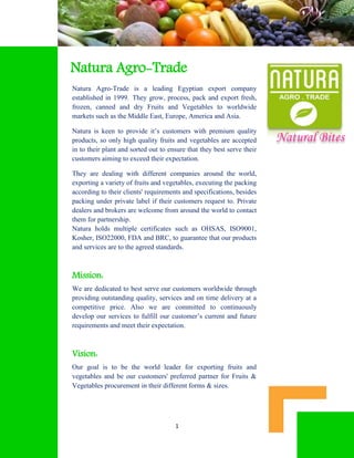 1
Natural Bites
Natura Agro-Trade
Natura Agro-Trade is a leading Egyptian export company
established in 1999. They grow, process, pack and export fresh,
frozen, canned and dry Fruits and Vegetables to worldwide
markets such as the Middle East, Europe, America and Asia.
Natura is keen to provide it’s customers with premium quality
products, so only high quality fruits and vegetables are accepted
in to their plant and sorted out to ensure that they best serve their
customers aiming to exceed their expectation.
They are dealing with different companies around the world,
exporting a variety of fruits and vegetables, executing the packing
according to their clients' requirements and specifications, besides
packing under private label if their customers request to. Private
dealers and brokers are welcome from around the world to contact
them for partnership.
Natura holds multiple certificates such as OHSAS, ISO9001,
Kosher, ISO22000, FDA and BRC, to guarantee that our products
and services are to the agreed standards.
Mission:
We are dedicated to best serve our customers worldwide through
providing outstanding quality, services and on time delivery at a
competitive price. Also we are committed to continuously
develop our services to fulfill our customer’s current and future
requirements and meet their expectation.
Vision:
Our goal is to be the world leader for exporting fruits and
vegetables and be our customers' preferred partner for Fruits &
Vegetables procurement in their different forms & sizes.
 