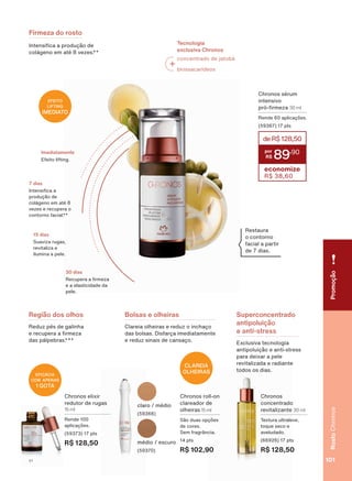 ,QWHQVL FD D SURGXúõR GH
FROìJHQR HP DWĀ YH]HV
Firmeza do rosto
&KURQRV VĀUXP
LQWHQVLYR
SUī UPH]D 30 ml
5HQGH DSOLFDúĴHV
SWV
deR$128,50
89
,90
economize
R$ 38,60
5HVWDXUD
R FRQWRUQR
IDFLDO D SDUWLU
GH GLDV
EFEITO
LIFTING
IMEDIATO
Tecnologia
exclusiva Chronos
FRQFHQWUDGR GH MDWREì
ELRVVDFDUĒGHRV
&KURQRV
FRQFHQWUDGR
UHYLWDOL]DQWH 30 ml
7H[WXUD XOWUDOHYH
WRTXH VHFR H
DYHOXGDGR
SWV
R$ 128,50
&KURQRV HOL[LU
UHGXWRU GH UXJDV
15 ml
5HQGH
DSOLFDúĴHV
SWV
R$ 128,50
Região dos olhos
5HGX] SĀV GH JDOLQKD
H UHFXSHUD D UPH]D
GDV SìOSHEUDV
&KURQRV UROO RQ
FODUHDGRU GH
ROKHLUDV 15 ml
6õR GXDV RSúĴHV
GH FRUHV
6HP IUDJUîQFLD
SWV
R$ 102,90
FODUR PĀGLR
PĀGLR HVFXUR
&ODUHLD ROKHLUDV H UHGX] R LQFKDúR
GDV EROVDV 'LVIDUúD LPHGLDWDPHQWH
H UHGX] VLQDLV GH FDQVDúR
Bolsas e olheiras
EFICÁCIA
COM APENAS
1 GOTA
CLAREIA
OLHEIRAS
Superconcentrado
antipoluição
e anti-stress
([FOXVLYD WHFQRORJLD
DQWLSROXLúõR H DQWL VWUHVV
SDUD GHL[DU D SHOH
UHYLWDOL]DGD H UDGLDQWH
WRGRV RV GLDV
5HFXSHUD D UPH]D
H D HODVWLFLGDGH GD
SHOH
30 dias
,QWHQVL FD D
SURGXúõR GH
FROìJHQR HP DWĀ
YH]HV H UHFXSHUD R
FRQWRUQR IDFLDO
7 dias
6XDYL]D UXJDV
UHYLWDOL]D H
LOXPLQD D SHOH
15 dias
(IHLWR OLIWLQJ
Imediatamente
RostoChronosPromoção
101V1
CH_EN_Ciclo18-19_V1.indd 101 19/09/2019 20:56
PDF/X-4 ISOarizona.flow
118632_EN_Ciclo18-19_V1_P101.pdf - 183.0 x 250.0 mm - pag. 101BLACK YELLOW MAGENTA CYAN
Agencia: | Cliente:
Processado por arizona.flow em Thu Sep 19 20:58:02 2019
 