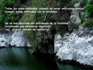 Todas las cosas naturales, además de estar unificadas consigo mismas, están unificadas con la totalidad. No se han apartado del entramado de la  totalidad   reclamando una existencia separada:  “ yo”, el  gran  creador de  conflictos . 