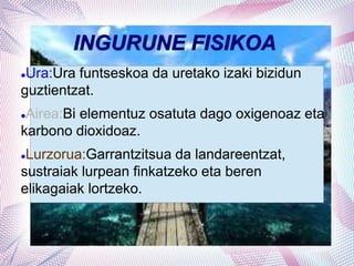 INGURUNE FISIKOA
Ura:Ura funtseskoa da uretako izaki bizidun
guztientzat.
Airea:Bi elementuz osatuta dago oxigenoaz eta
karbono dioxidoaz.
Lurzorua:Garrantzitsua da landareentzat,
sustraiak lurpean finkatzeko eta beren
elikagaiak lortzeko.
 