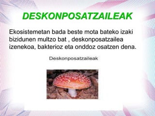 DESKONPOSATZAILEAK
Ekosistemetan bada beste mota bateko izaki
bizidunen multzo bat , deskonposatzailea
izenekoa, bakterioz eta onddoz osatzen dena.
 