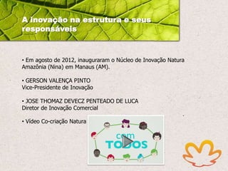 A inovação na estrutura e seus
responsáveis

• Em agosto de 2012, inauguraram o Núcleo de Inovação Natura
Amazônia (Nina) em Manaus (AM).
• GERSON VALENÇA PINTO
Vice-Presidente de Inovação
• JOSE THOMAZ DEVECZ PENTEADO DE LUCA
Diretor de Inovação Comercial
• Vídeo Co-criação Natura

 