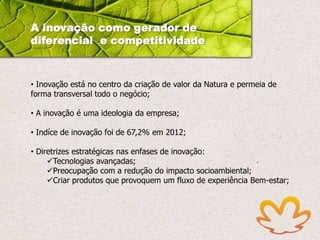 A inovação como gerador de
diferencial e competitividade

• Inovação está no centro da criação de valor da Natura e permeia de
forma transversal todo o negócio;
• A inovação é uma ideologia da empresa;
• Indíce de inovação foi de 67,2% em 2012;
• Diretrizes estratégicas nas enfases de inovação:
Tecnologias avançadas;
Preocupação com a redução do impacto socioambiental;
Criar produtos que provoquem um fluxo de experiência Bem-estar;

 