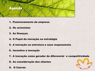 Agenda

1. Posicionamento da empresa
2. Os acionistas
3. As finanças
4. O Papel da inovação na estratégia
5. A inovação na estrutura e seus responsáveis

6. Incentivo a inovação
7. A inovação como gerador de diferencial e competitividade
8. As consideração dos clientes

9. O Canvas

 