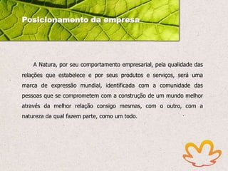 Posicionamento da empresa

A Natura, por seu comportamento empresarial, pela qualidade das
relações que estabelece e por seus produtos e serviços, será uma
marca de expressão mundial, identificada com a comunidade das
pessoas que se comprometem com a construção de um mundo melhor
através da melhor relação consigo mesmas, com o outro, com a
natureza da qual fazem parte, como um todo.

 