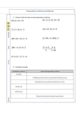 Expressões numéricas e problemas
Nome:Turma:Data:Avaliação:
1. Calcula o valor de cada uma das expressões numéricas
2. Complete o quadro
Expressão numérica Leitura da expressão numérica
2+ 24:3
A diferença entre vinte e o quociente de dez por cinco.
O produto de cinco pela soma de dez com oito.
2 X (3 + 5)
4 X 5+ 3 x 2
Produto do triplo de três pelo triplo de dois.
207
4:0
5
535
3:)2005902(
95:)5:2512(
3514:)2:438(
×
×
×+
×+×
+×
+×+
)1322(5:0
23:154200
42:)61,080(
36:3622
10)52(:80
−×+×
××−
++×
−+×
+×
 