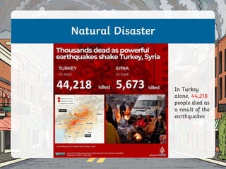 Natural Disaster
In Turkey
alone, 44,218
people died as
a result of the
earthquakes
44,218 5,673
 
