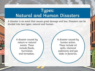 Types:
Natural and Human Disasters
A disaster is an event that causes great damage and loss. Disasters can be
divided into two types: natural and human.
Human
disaster
Natural
Disaster
A disaster caused by
nature or natural
events. These
include floods,
hurricanes
and tornadoes..
A disaster caused by
human action.
These include oil
spills, chemical
explosions and gas
leaks in factories.
 