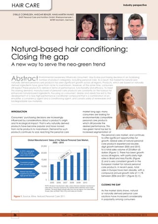 hair care

Industry perspective

SYBILLE CORNELSEN, ANSGAR BEHLER, HANS-MARTIN HAAKE
BASF Personal Care and Nutrition GmbH, Rheinpromenade 1,
40789 Monheim, Germany

Sybille Cornelsen

Ansgar Behler

Hans-Martin Haake

Natural-based hair conditioning:
Closing the gap
A new way to serve the neo-green trend

Abstract

Environmental awareness influences consumers’ day-to-day purchasing decisions in an increasing
number of product categories, including personal care. As a result, the market for natural and
naturally derived personal care products has seen significant growth across all regions. Products, which are based on naturally
derived ingredients have gone from niche to mainstream. However, at the same time, consumers
still expect these products to deliver in terms of performance, functionality and efficacy. To meet
this soaring demand, manufacturers of personal care products are constantly on the lookout for
enhanced natural-based ingredients. Focusing on consumers’ desires and needs has led to the
development of a new high-performance conditioner compound that is a combination of an
emulsifier, a consistency agent and a conditioning agent, and consists solely of renewable and
biodegradable raw materials.

INTRODUCTION
Consumers’ purchasing decisions are increasingly
influenced by considerations about a product’s origin
and its ecological impact. That is why naturally derived
products have become popular and have moved
from niche products to mainstream. Demand for such
products continues to soar, reaching the personal care

market long ago: many
consumers are looking for
environmentally compatible
personal care products
which still provide the
desired performance. This
neo-green trend has led to
increased segmentation of
the personal care market, and continues
to offer significant opportunities for
growth. Global sales of natural personal
care products experienced doubledigit growth between 2005 and 2010,
to a total sales volume of 23 billion US
dollars (Figure 1). There has been growth
across all regions, with particularly high
rates in Brazil and Asia Pacific (Figure
2) and a very consistent growth in the
European market for natural personal
care products. In recent years, total
sales in Europe have risen steadily, with a
compound annual growth rate of 11.1%
between 2006 and 2011 (Figure 3) (1).

Closing the gap

Figure 1. Source: Kline, Natural Personal Care 2011

36

As the market data shows, natural
or naturally derived personal care
solutions have increased considerably
in popularity among consumers

H&PC Today - household and Personal Care today, Vol. 8(5) September/October 2013

 