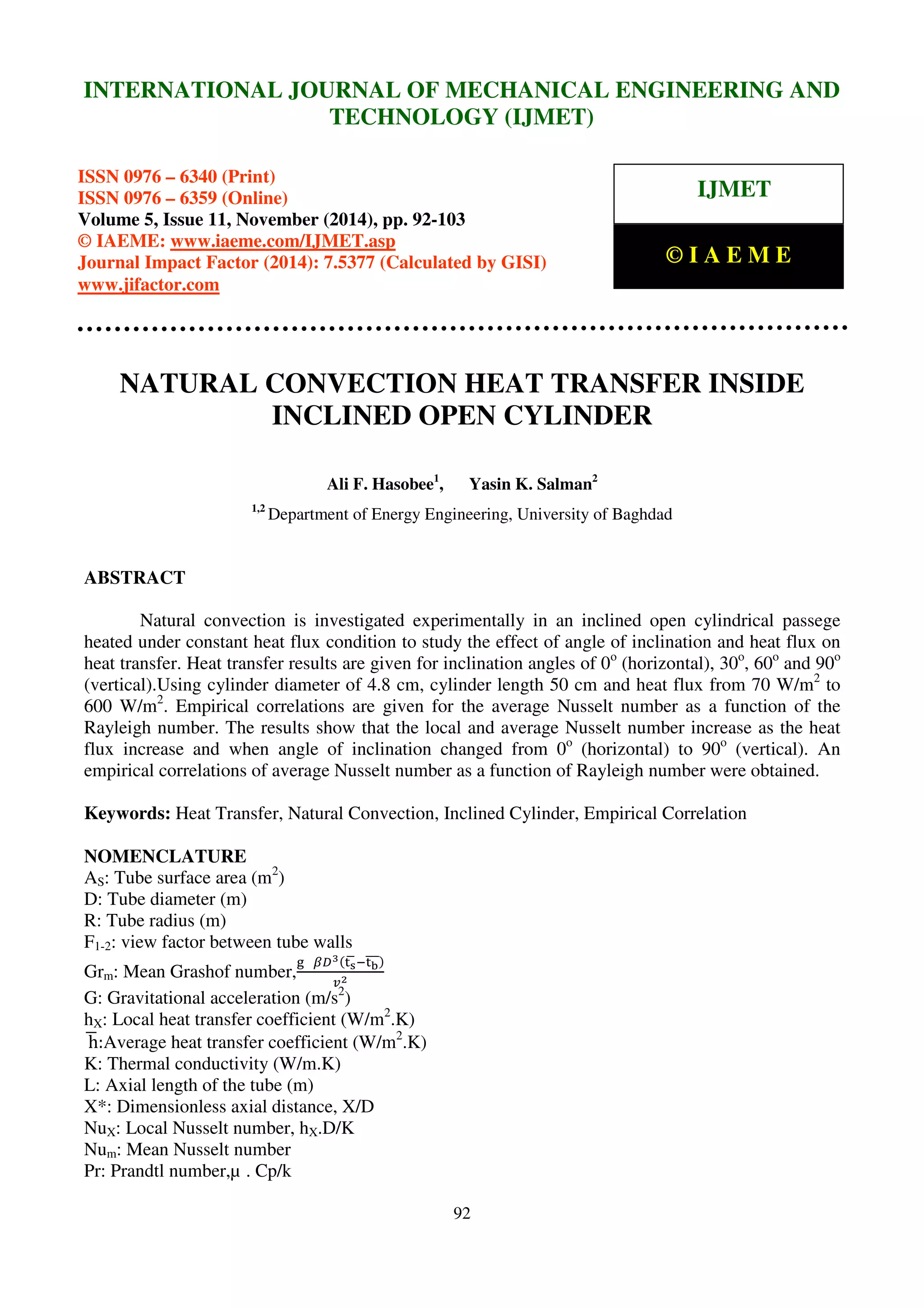 NATURAL CONVECTION HEAT TRANSFER INSIDE INCLINED OPEN CYLINDER | PDF