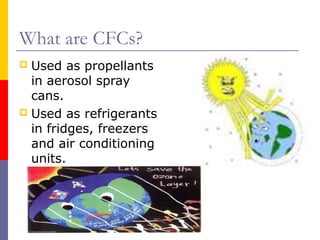 What are CFCs?
Used as propellants
in aerosol spray
cans.
 Used as refrigerants
in fridges, freezers
and air conditioning
units.


 