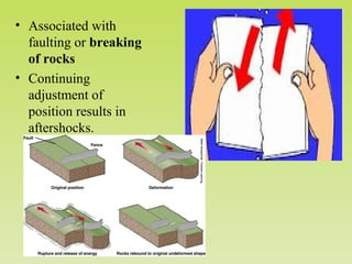 • Associated with
faulting or breaking
of rocks
• Continuing
adjustment of
position results in
aftershocks.

 
