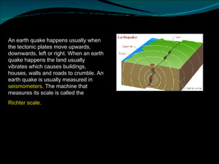 An earth quake happens usually when the tectonic plates move upwards, downwards, left or right. When an earth quake happens the land usually vibrates which causes buildings, houses, walls and roads to crumble. An earth quake is usually measured in  seismometers . The machine that measures its scale is called the  Richter scale.   