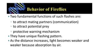 Behavior of Fireflies
 Two fundamental functions of such flashes are:
◦ to attract mating partners (communication)
◦ to a...