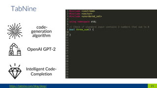 code-
generation
algorithm
21https://tabnine.com/blog/deep/
TabNine
OpenAI GPT-2
Intelligent Code-
Completion
 