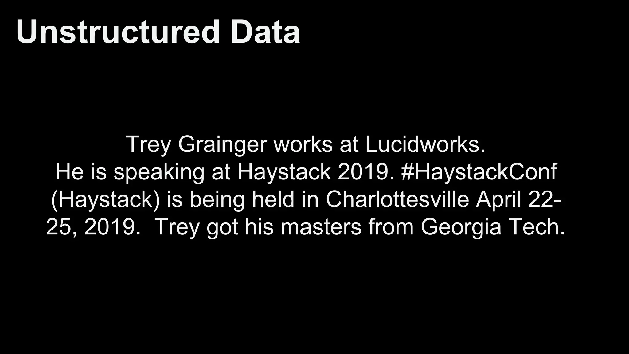 Unstructured Data
Trey Grainger works at Lucidworks.
He is speaking at Haystack 2019. #HaystackConf
(Haystack) is being held in Charlottesville April 22-
25, 2019. Trey got his masters from Georgia Tech.
 
