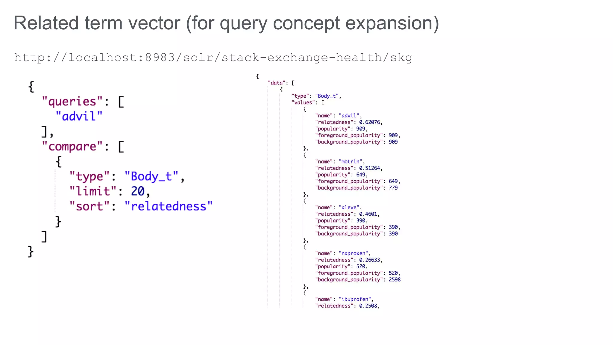 Related term vector (for query concept expansion)
http://localhost:8983/solr/stack-exchange-health/skg
 