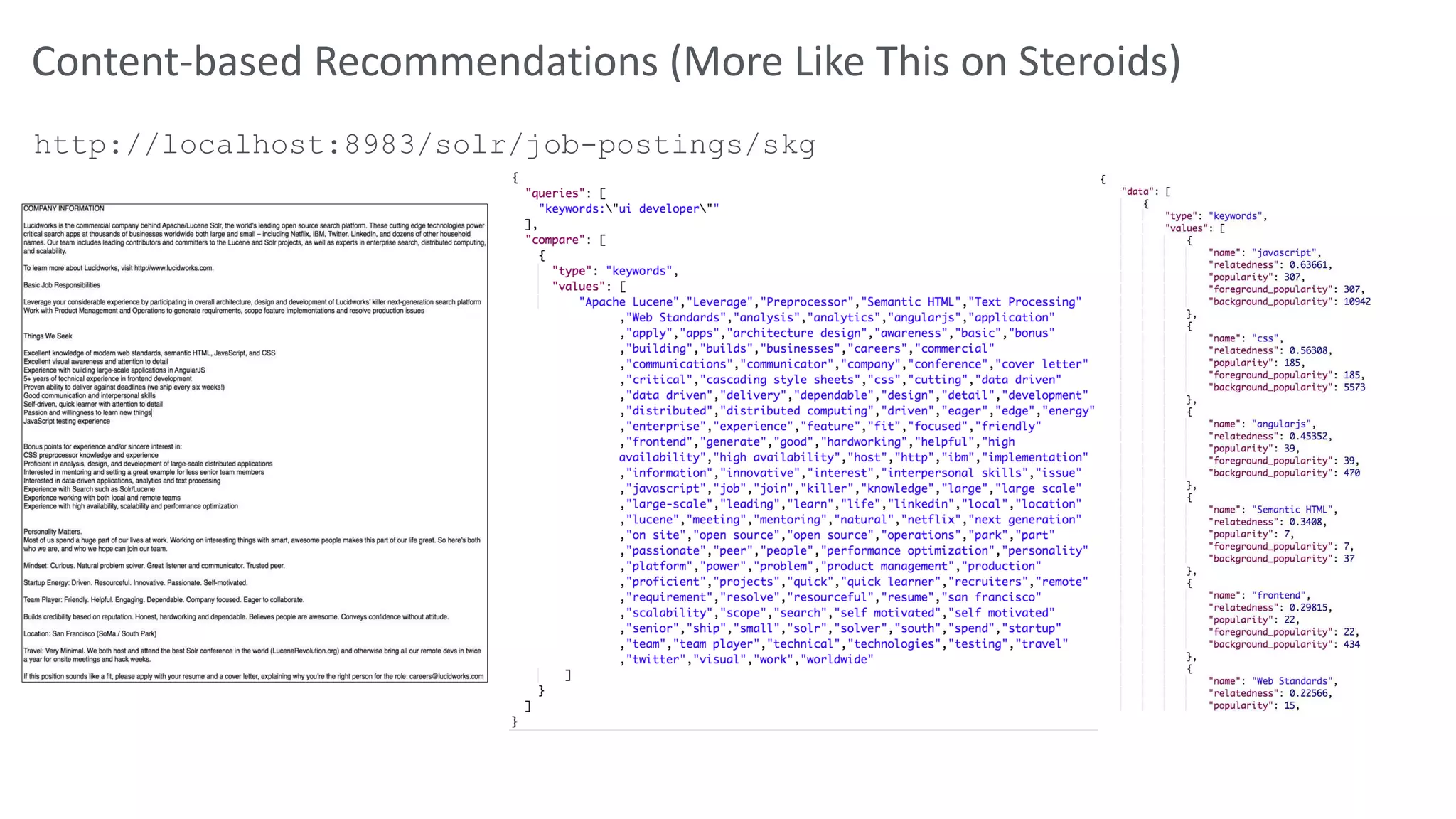 Content-based Recommendations (More Like This on Steroids)
http://localhost:8983/solr/job-postings/skg
 