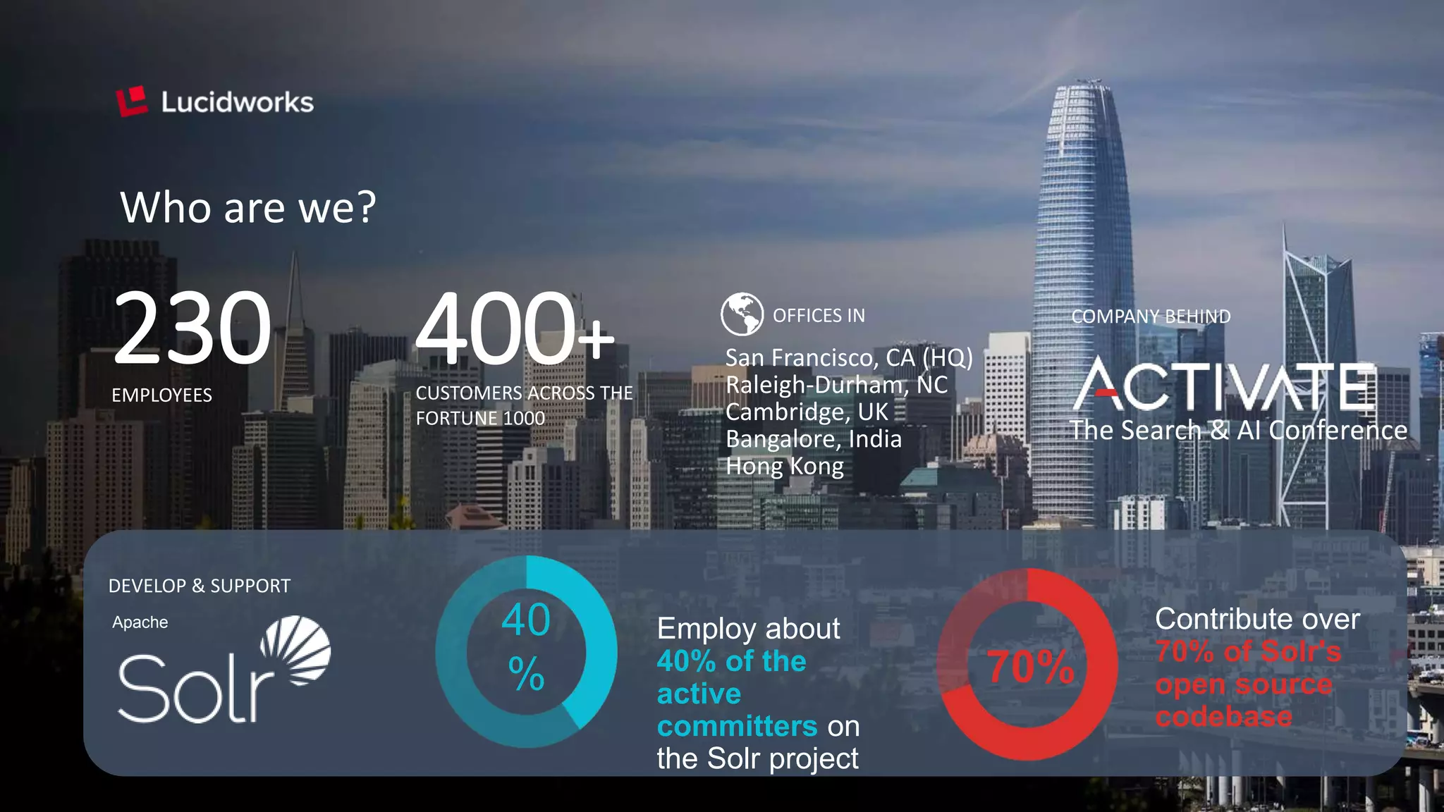 The Search & AI Conference
COMPANY BEHIND
Who are we?
230 CUSTOMERS ACROSS THE
FORTUNE 1000
400+EMPLOYEES
OFFICES IN
San Francisco, CA (HQ)
Raleigh-Durham, NC
Cambridge, UK
Bangalore, India
Hong Kong
Employ about
40% of the
active
committers on
the Solr project
40
%
Contribute over
70% of Solr's
open source
codebase
70%
DEVELOP & SUPPORT
Apache
 
