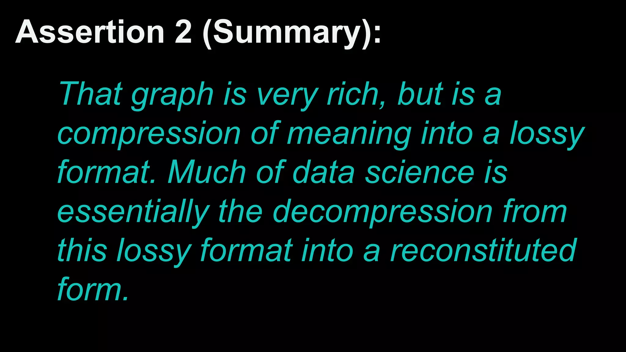 Assertion 2 (Summary):
That graph is very rich, but is a
compression of meaning into a lossy
format. Much of data science is
essentially the decompression from
this lossy format into a reconstituted
form.
 