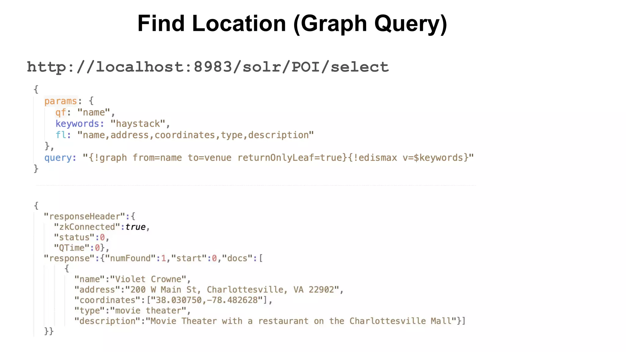 Find Location (Graph Query)
http://localhost:8983/solr/POI/select
 