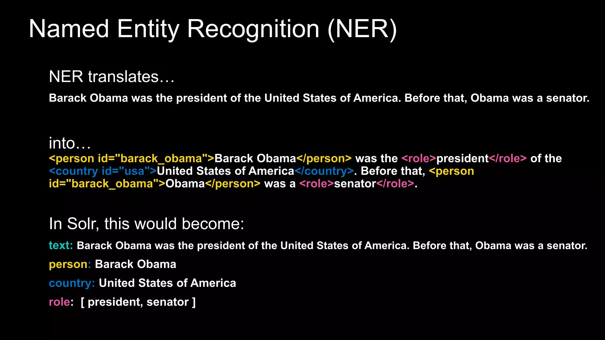 Named Entity Recognition (NER)
NER translates…
Barack Obama was the president of the United States of America. Before that, Obama was a senator.
into…
<person id="barack_obama">Barack Obama</person> was the <role>president</role> of the
<country id="usa">United States of America</country>. Before that, <person
id="barack_obama">Obama</person> was a <role>senator</role>.
In Solr, this would become:
text: Barack Obama was the president of the United States of America. Before that, Obama was a senator.
person: Barack Obama
country: United States of America
role: [ president, senator ]
 